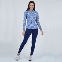 IBKUL Women's Gingham Print Long Sleeve Mock Neck Golf Top - Navy/White