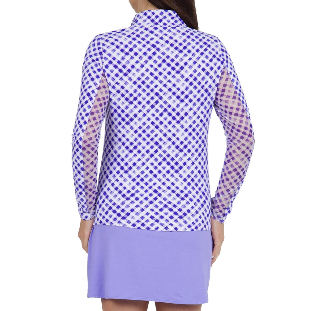 IBKUL Women's Gingham Print Long Sleeve Mock Neck Golf Top - Lavender/ White