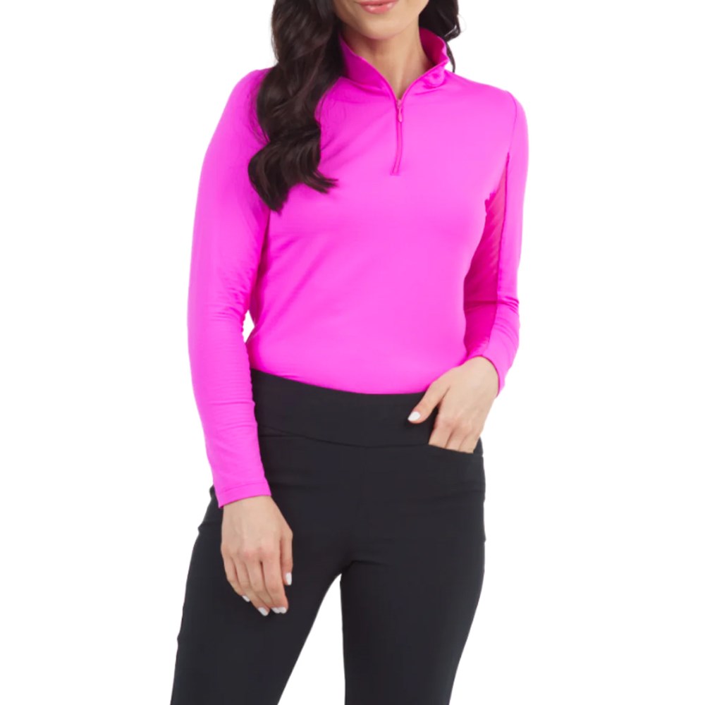 IBKUL Women's Solid Long Sleeve Zip Mock Neck - Hot Pink