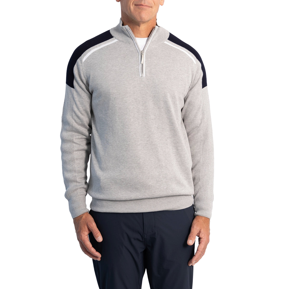 Glenmuir Selkirk Quarter Zip Ribbed Sleeve Cotton Golf Pullover - Light Grey Marl