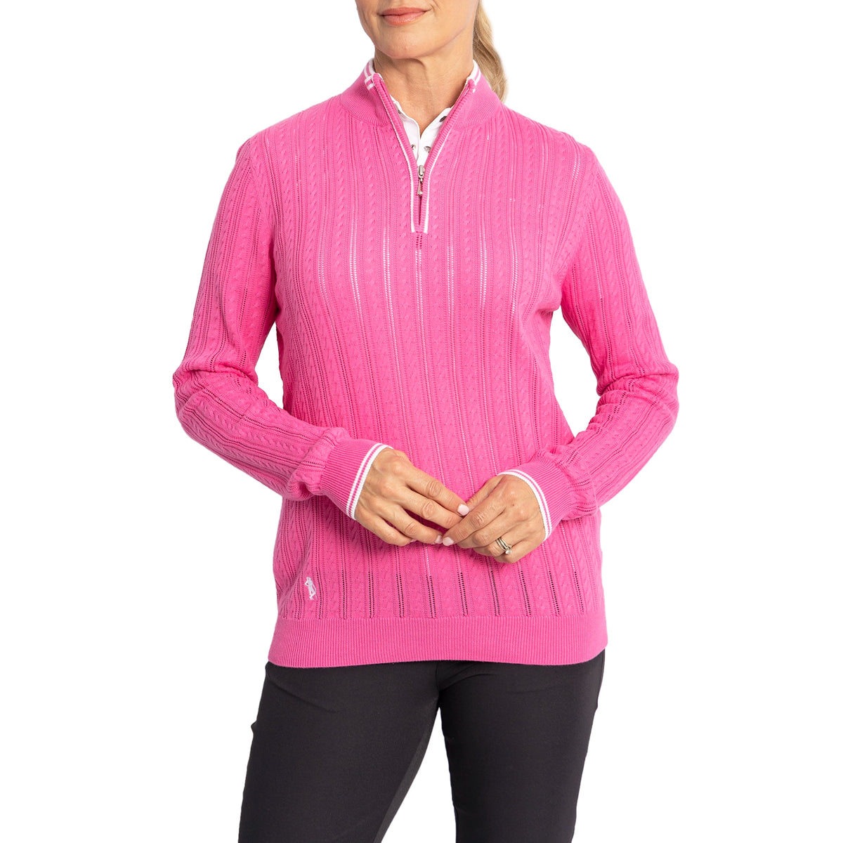 Glenmuir Women's Florence Quarter Zip Cable Knit Cotton Golf Pullover  - Hot Pink