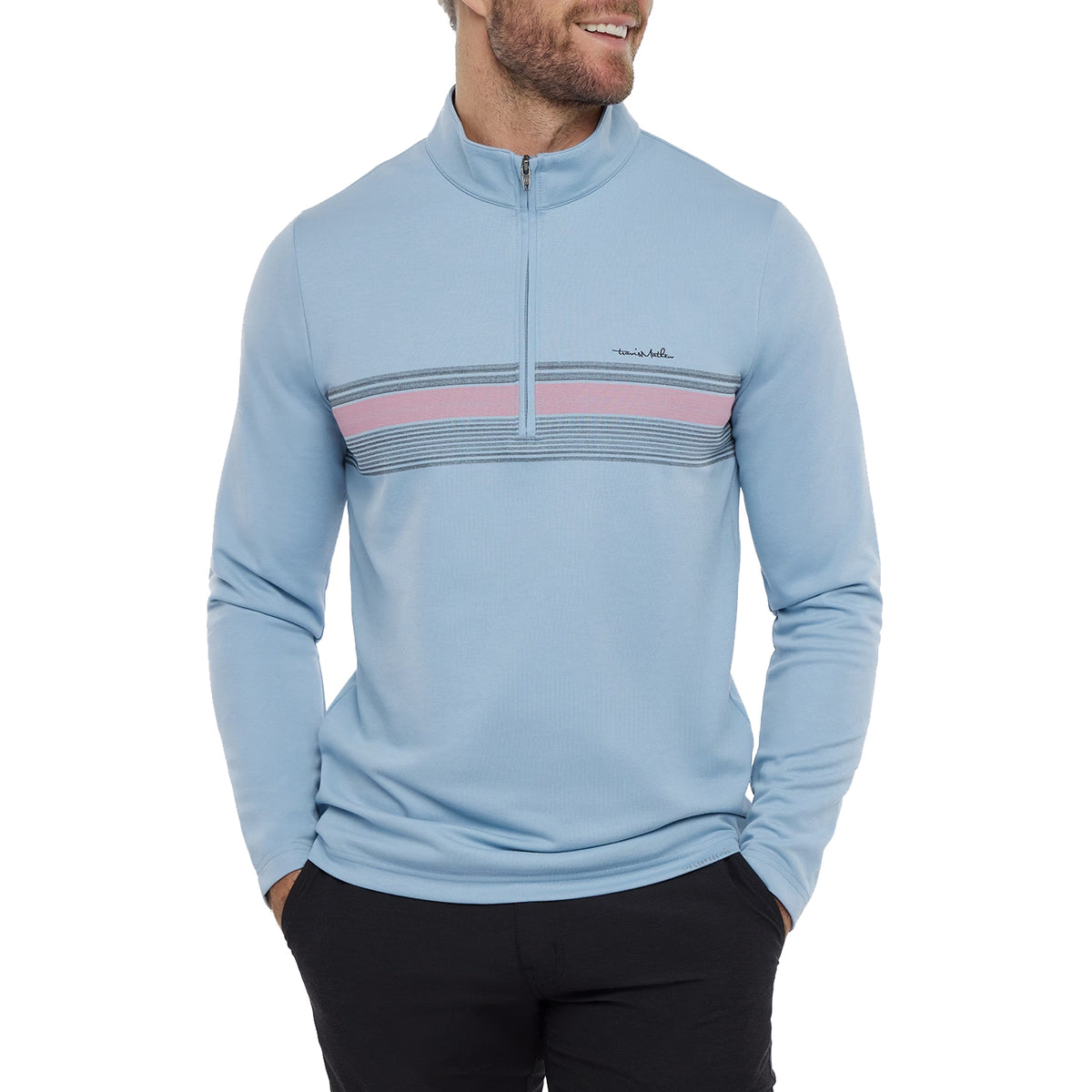 Travis Mathew Upgraded Striped Golf Quarter Zip - Ash Blue Chest Stripe